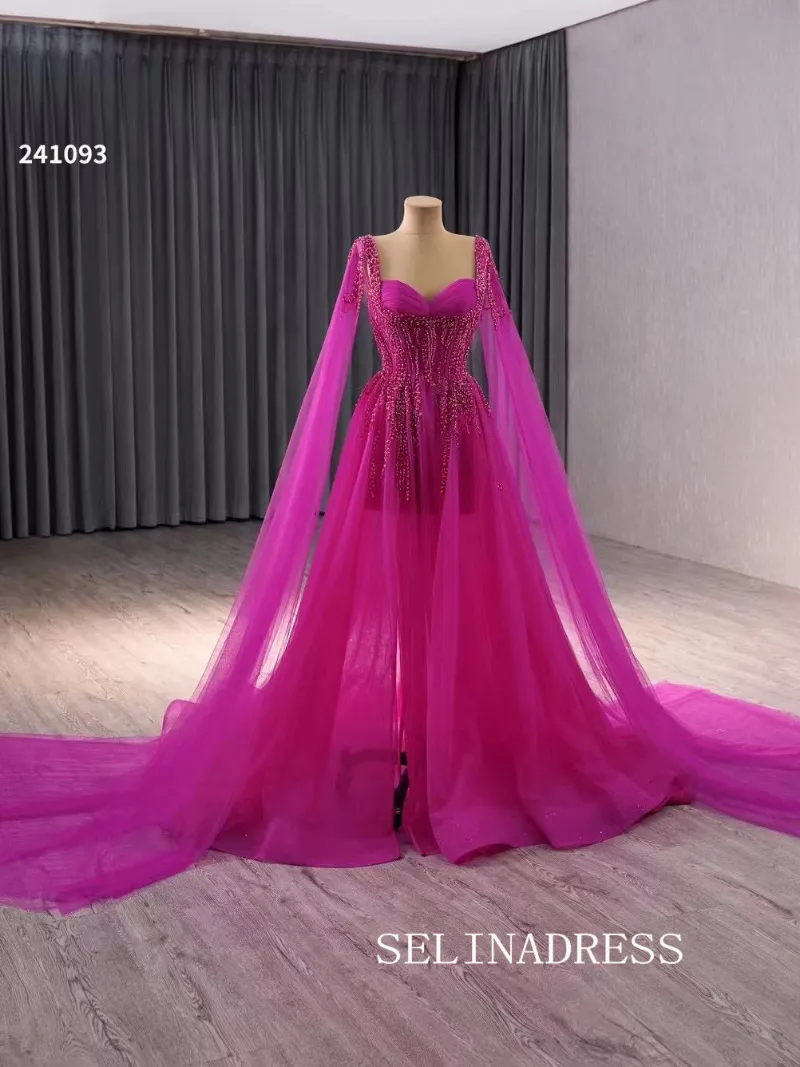 Selinadress A-line Fuchsia Beaded Prom Dress Luxury Evening Gown Wedding Dress, full-length gown with beaded detailing