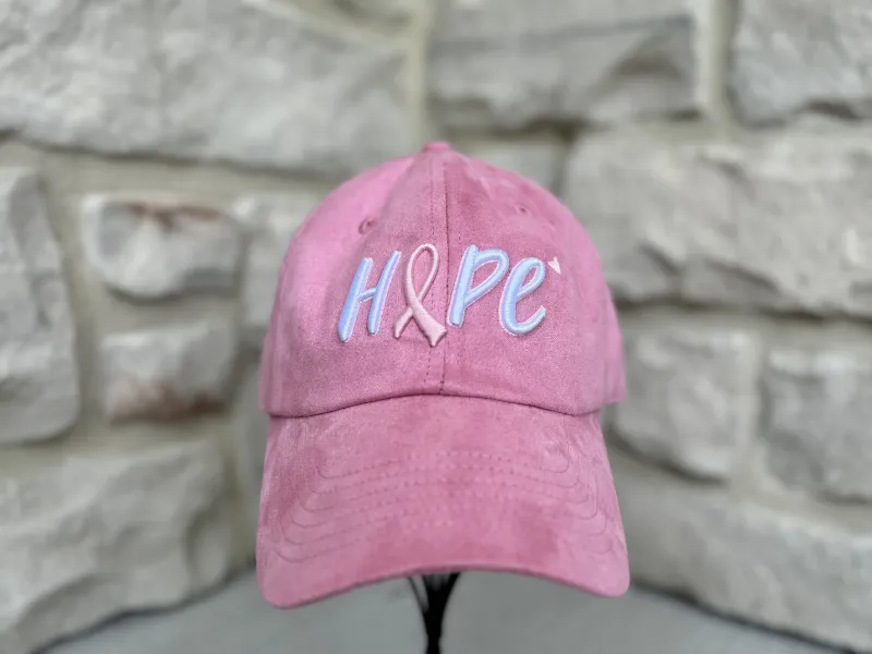 Embellished HOPE Pink Ribbon Cap in pink microsuede with breast cancer awareness embroidery