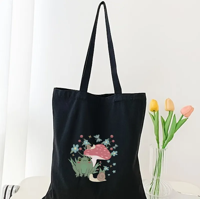 High Dreams Frog Mushroom Pattern Shopper Bag, black polyester tote with frog and mushroom print and double handles