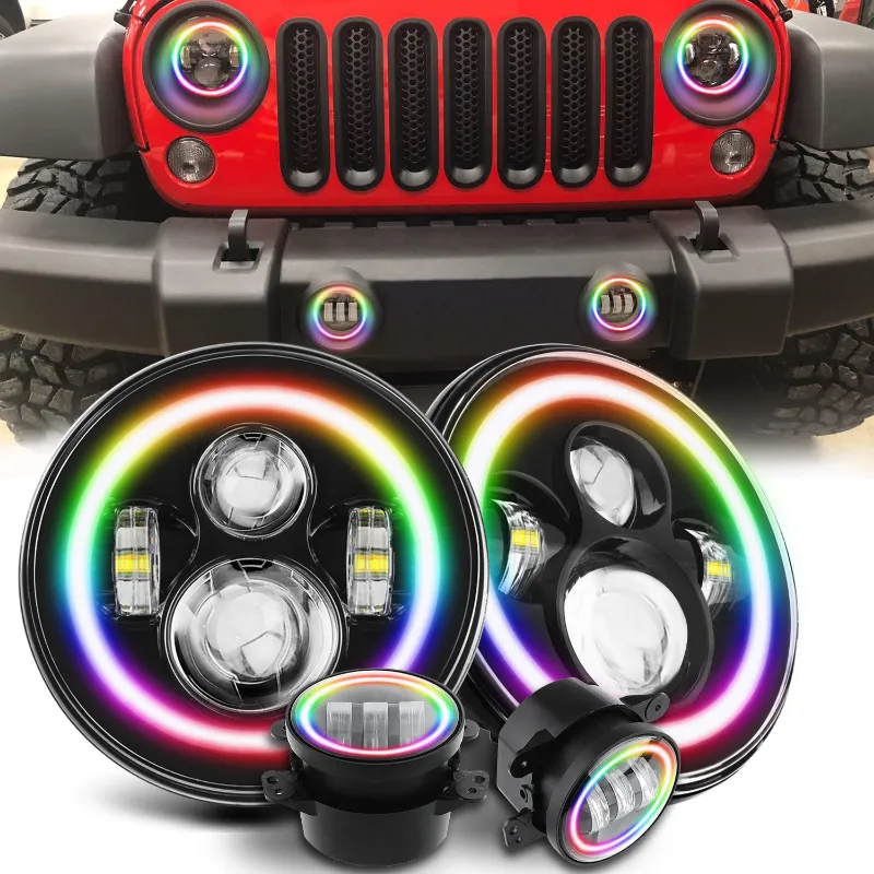 Sunpie 7 inch RGB Halo Rotating Series LED Headlights and 4 inch RGB Halo Rotating Series Fog Light Combo Kit showing multicolor ring illumi