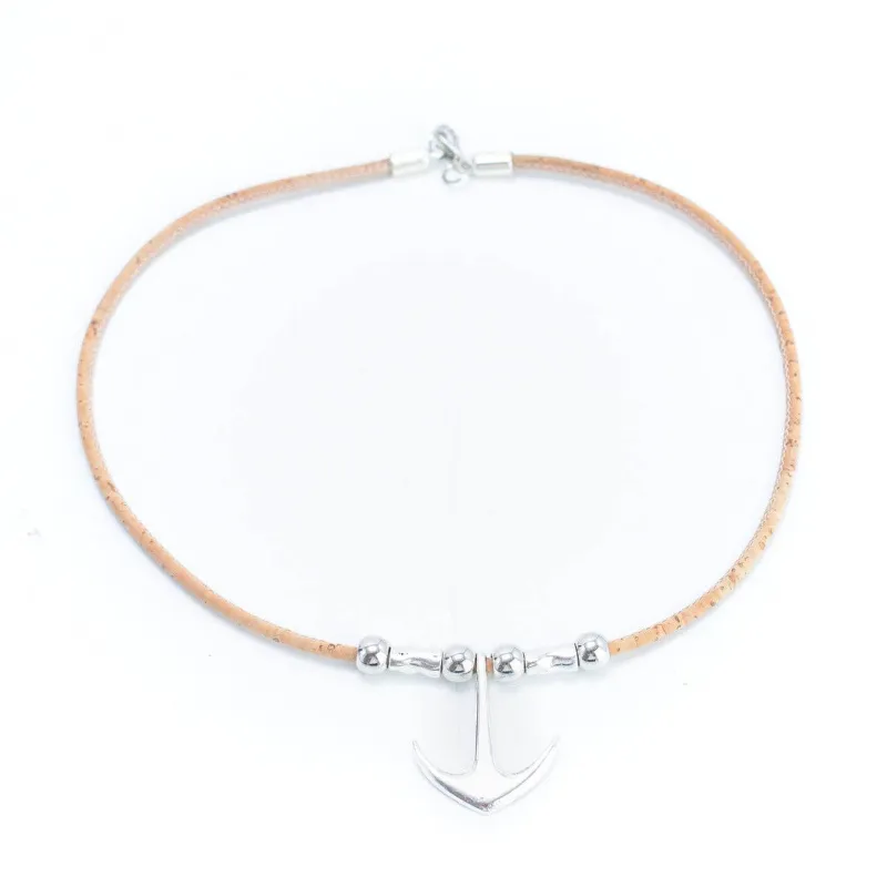 Corkadia Anchor Pendant Cork Necklace (N-016-5) shown with a zamak anchor pendant on a cork cord