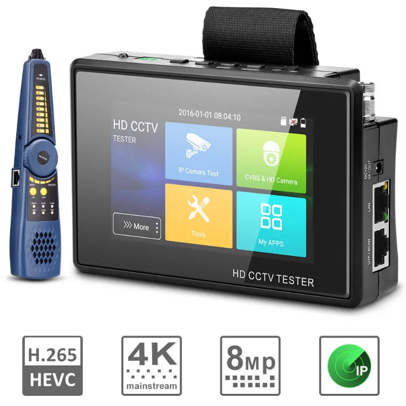 Wsdcam 4 Inch Portable Wrist IP Camera Tester with Wire Tracker showing handheld touchscreen device