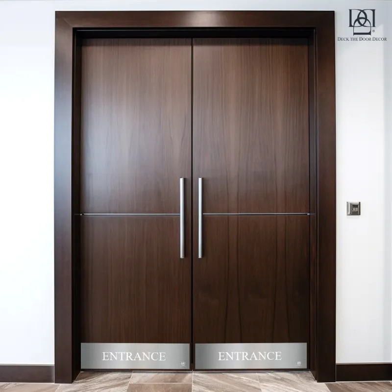 Deck the Door Decor Engraved Entrance Door Kick Plate with professional wayfinding engraving on aluminum
