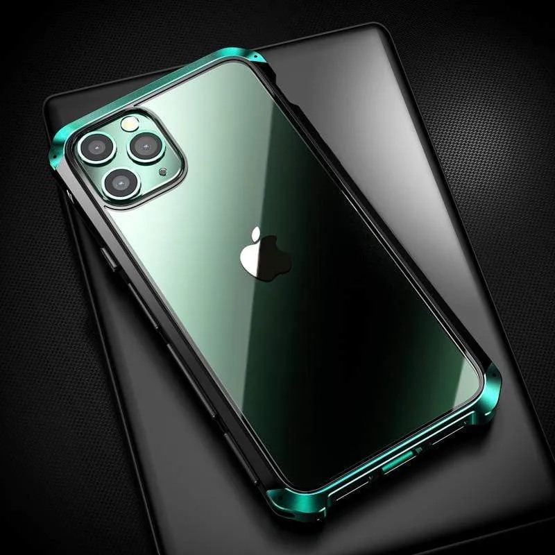 Techypop Bumper Metal Frame iPhone Case showing silver metallic protective frame on multiple phone models