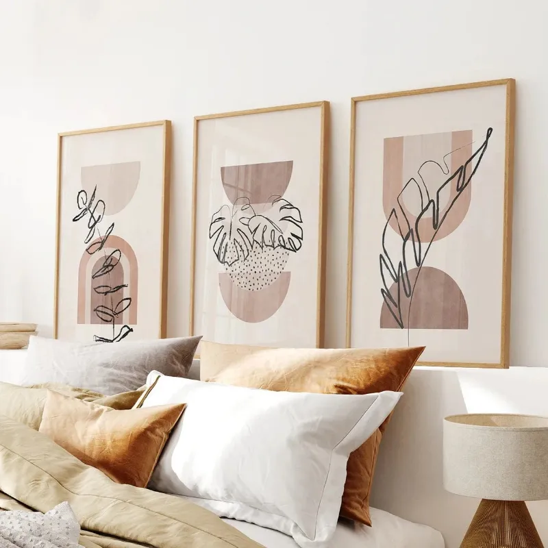 Wall Art Set Abstract Watercolor Set of 3 Boho Prints. Tropical Leaves showing three terracotta watercolor plant prints