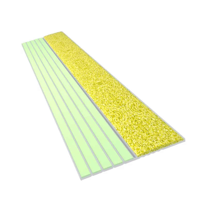 ComposiGrip Ecoglo E4051 Photoluminescent Contrast Strips with yellow non-slip insert on aluminum base