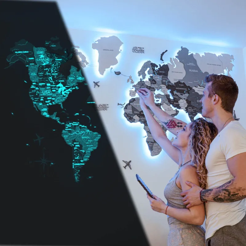 Enjoy The Wood 3D LED / LUMINOUS Wooden World Map 3.0 Nordik in minimalist color scheme