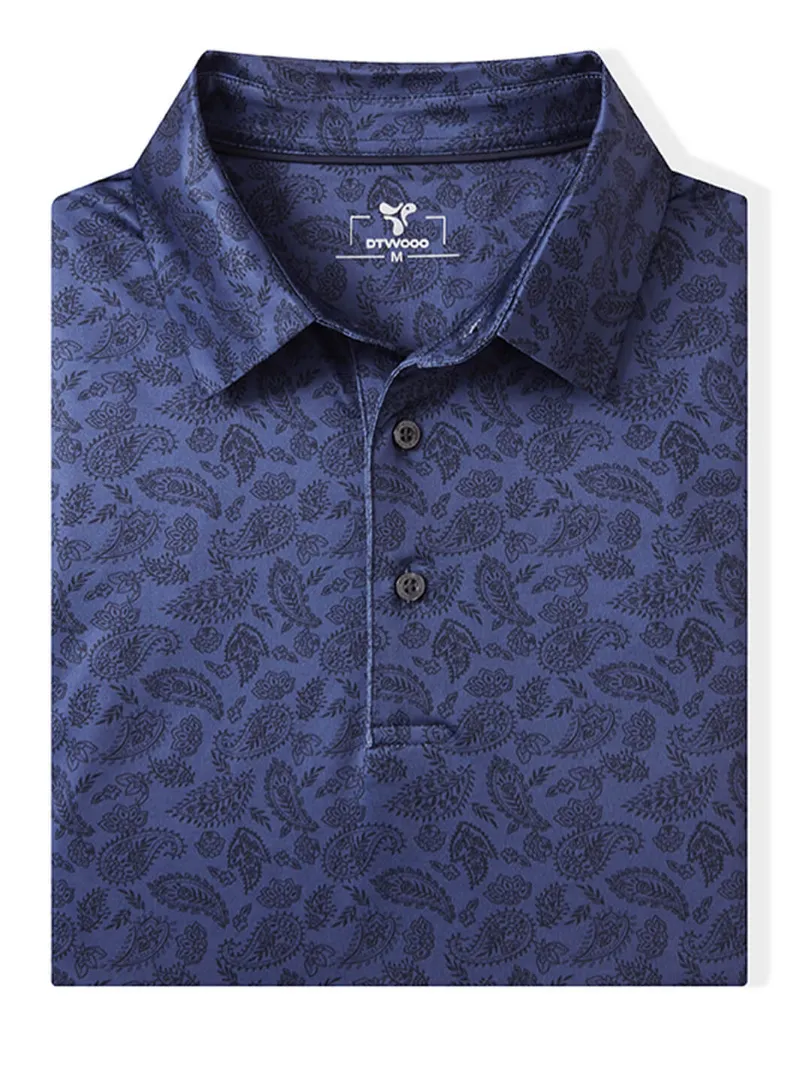DTWOOO Men's Print Performance Polo in Dark Paisley pattern, front view