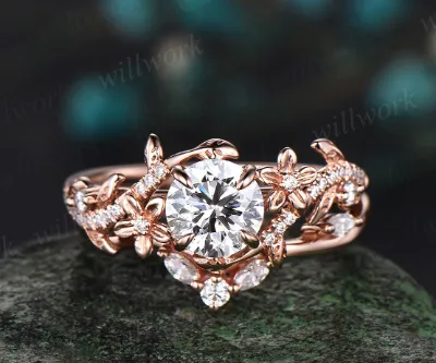 WillWork Jewelry 1 carat lab diamond flower engagement ring with nature vines design