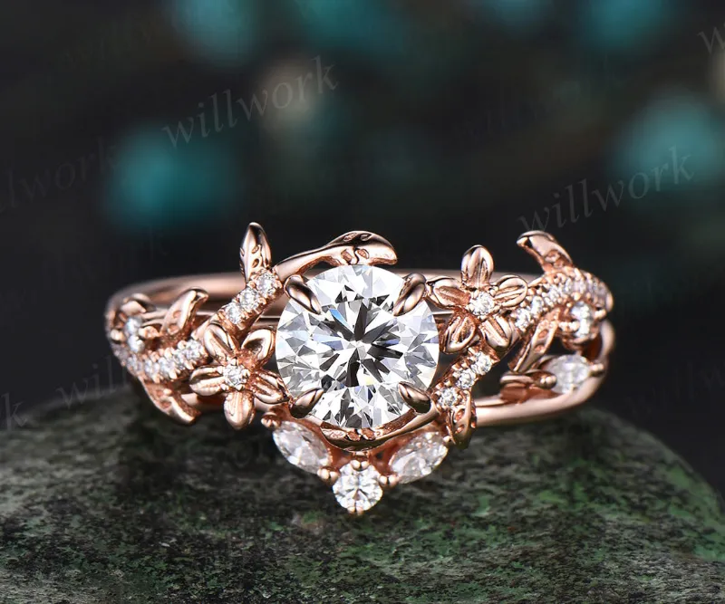 WillWork Jewelry 1 carat lab diamond flower engagement ring with nature vines design