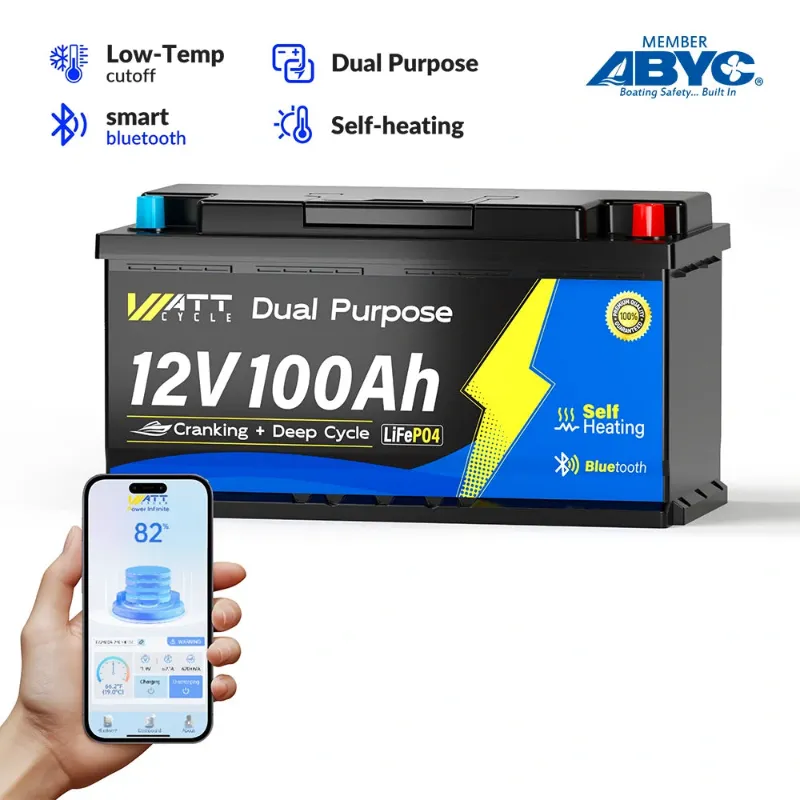 WattCycle 12V 100Ah 1200CCA Dual Purpose Marine Cranking Battery with Bluetooth and self-heating