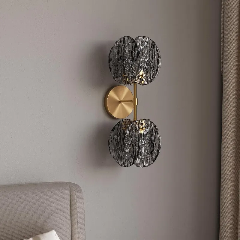 Tribesigns 2-Light Crystal Wall Sconce brass gold fixture with smoke glass globe shades