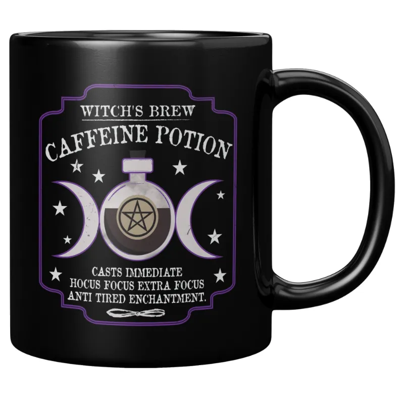 Spirit Nest Caffeine potion 11oz black ceramic mug with glossy finish and witch's brew design