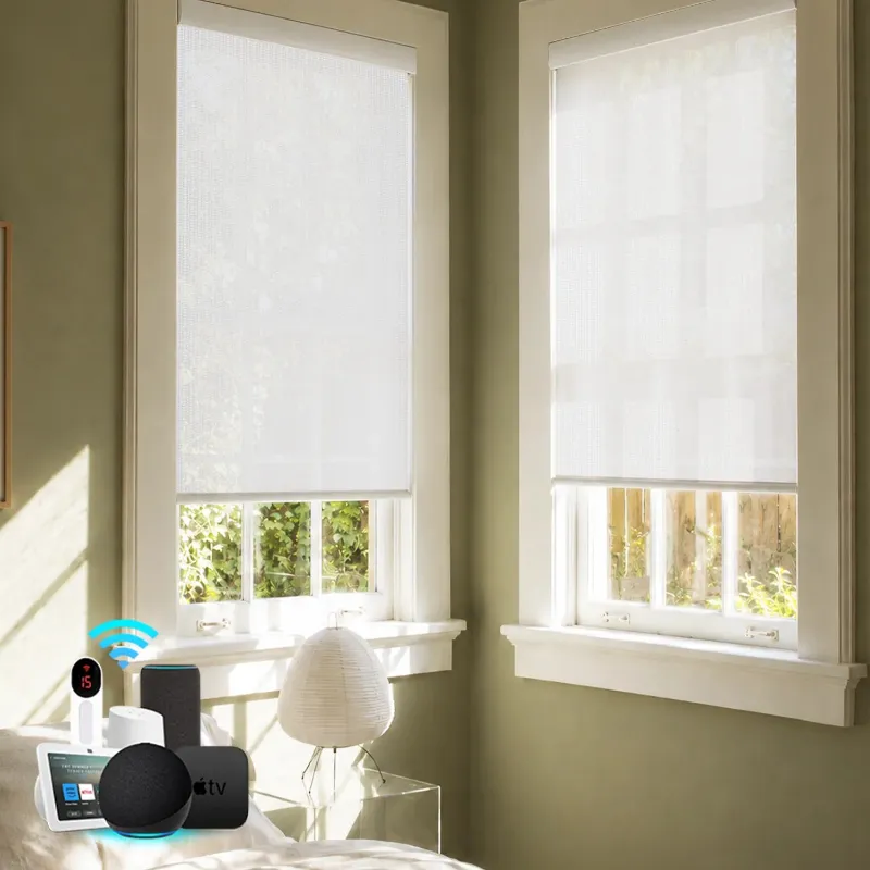 Bringnox Motorized Light Filtering Roller Shades 50% Blackout Sunscreen covering window