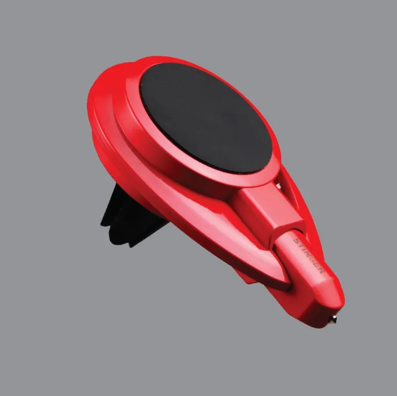 The Stinger Tools Stinger Car Vent Mount Magnetic Phone Holder Emergency Tool in red, showing magnetic mount head and emergency cutting tool