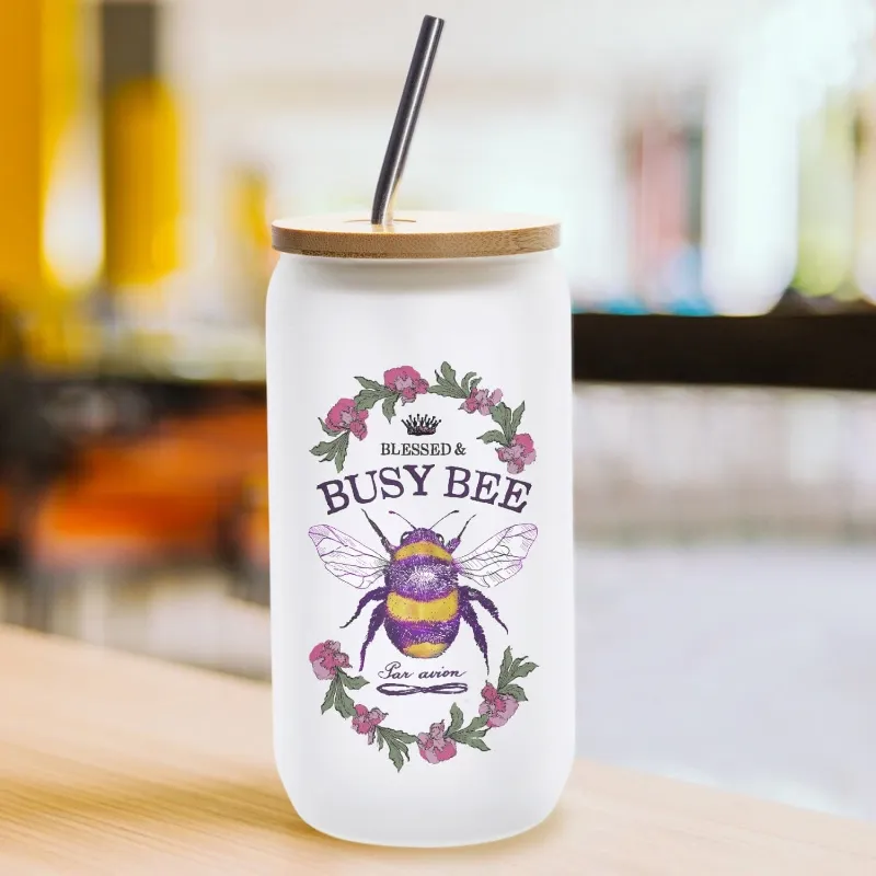 Spirit Nest Blessed & Busy Bee Frosted Glass Cup with bee illustration on frosted tumbler