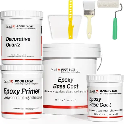 DWIL Paint Self-Leveling Epoxy Floor Coating Kit with colored sand, roller, and trowel