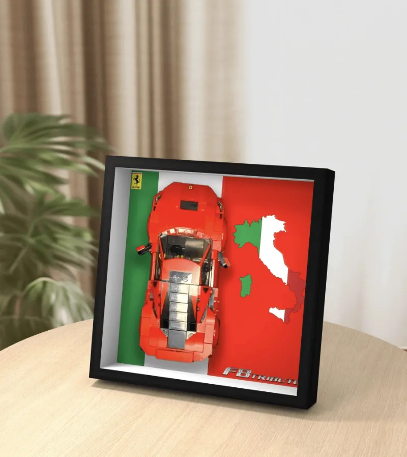 ICUANUTY Display Car Frame for Lego Speed Champions Ferrari F8 Tributo 76895 mounted on wall showing red sports car