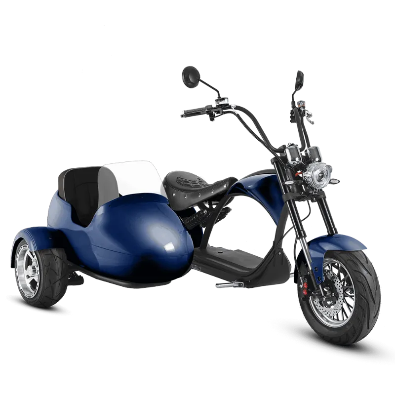 Eahora E-scooter M1P with Sidecar in Blueberry Blue, retro chopper scooter with attached sidecar