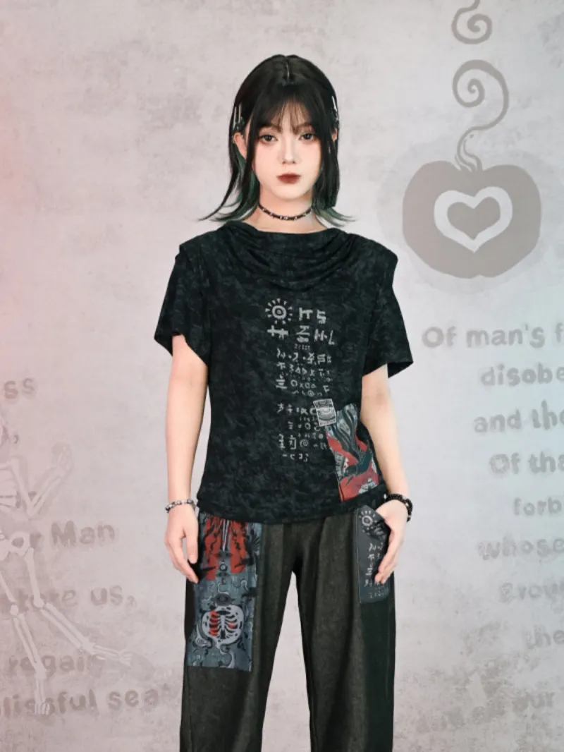 Juwas Acid Wash Totem Print Cowl Tee showcasing the draped neckline.