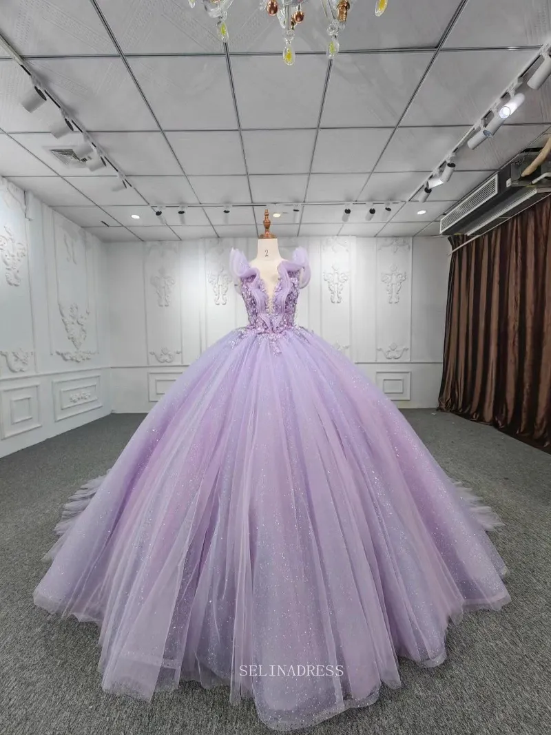 Selinadress 3D Floral Beaded Lace Long Formal Dress Ball Gown Quincess Evening Dresses MLH06984 in tulle with V neck and sweep train