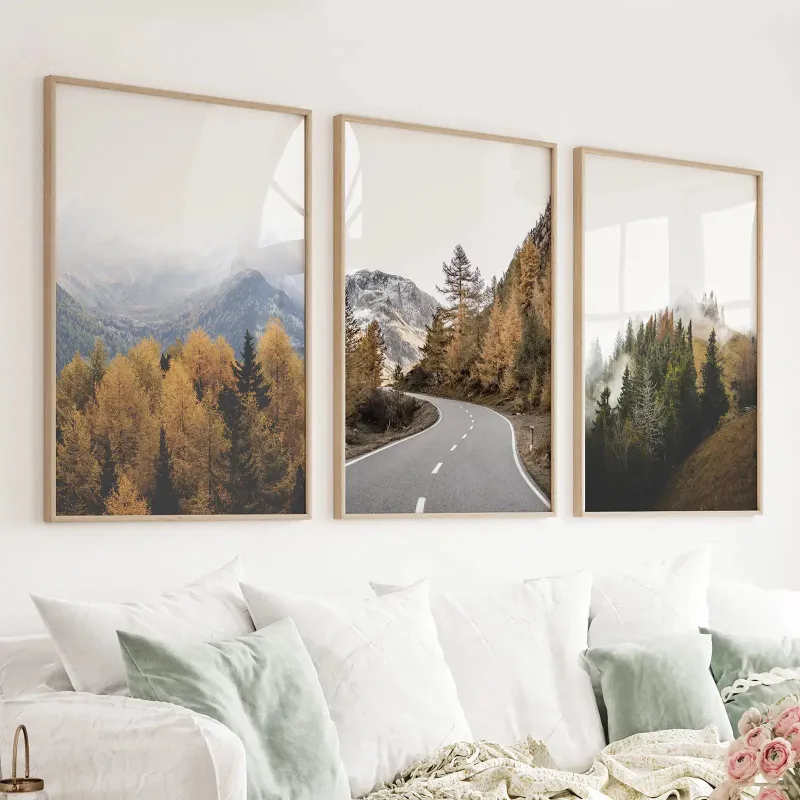 Wall Art Set Brown Autumn Mountain Forest Scenery set of 3 prints with red and yellow foliage