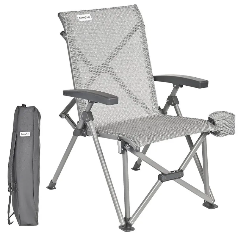 SunnyFeel Outdoor Ergonomic High-Back Camping Chair in grey, folded open outdoors