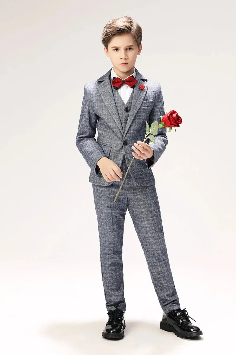 Wehilion Grey Plaid Elegant 5 Piece Boys Suits displayed as a coordinated formal set with jacket, vest, trousers, shirt, and tie