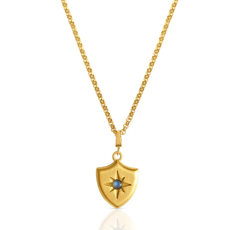 DORSYA The Divine Timing Necklace showing reversible gold shield pendant with labradorite star