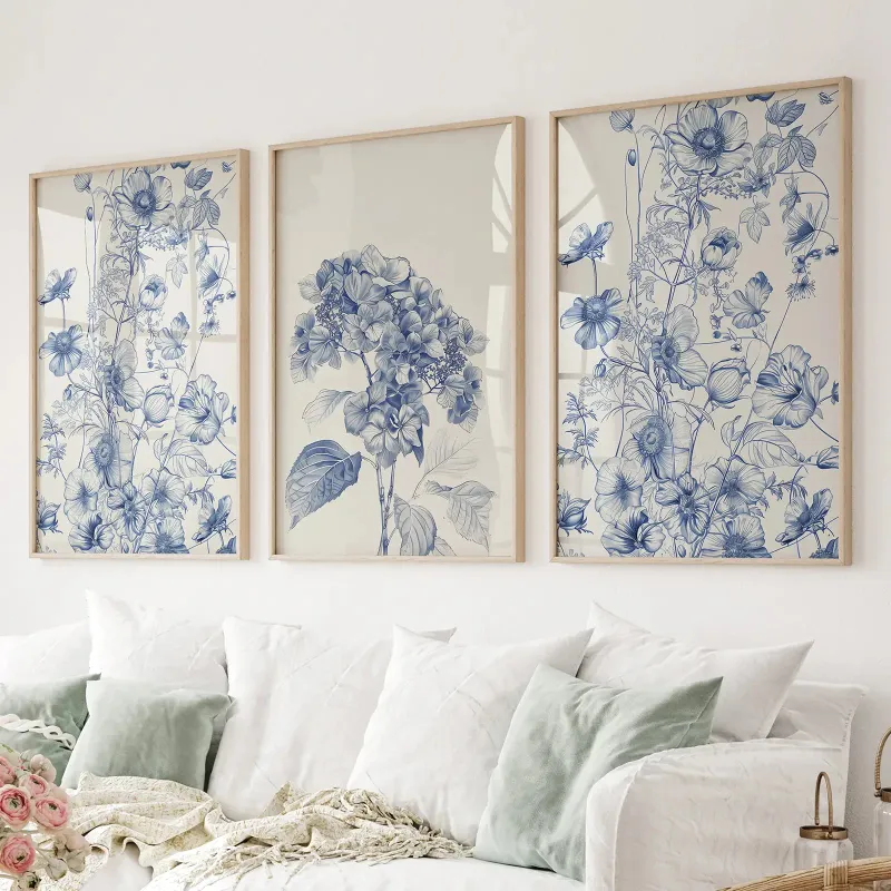 Wall Art Set Chinoiserie Blue Flowers watercolor poster with hydrangea botanical designs