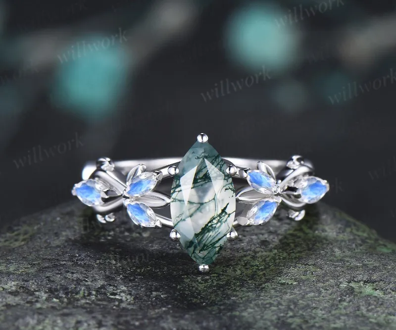 WillWork Jewelry 1ct marquise moss agate moonstone engagement ring, vintage leaf design