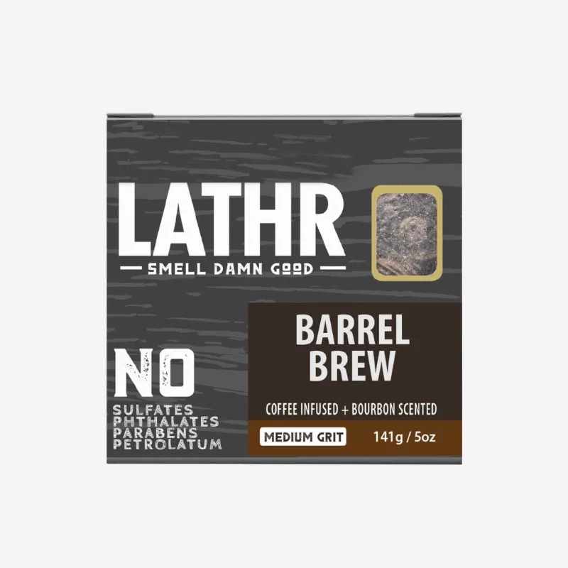 LATHR Barrel Brew Soap Bar with coffee grounds and bourbon scent for exfoliation