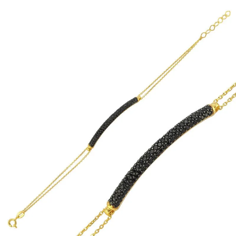 Amorium Jewelry Black Curved Bar Chain Bracelet in Silver, curved silver bar with black crystals on delicate chain