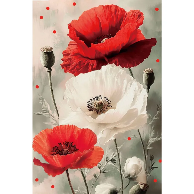 Varvikas 5D Diamond Painting 20×30 cm Blooming Poppies, three red and white poppies with green stems on neutral background