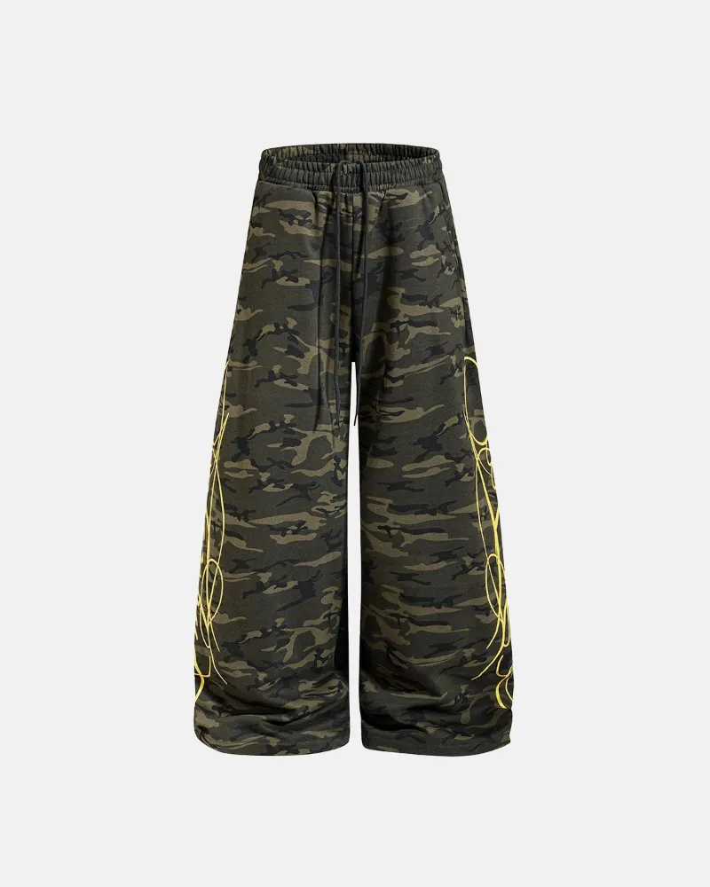 INFLATION Camo Script Wide Leg Sweatpant with abstract side graphic in relaxed oversized fit and heavyweight fabric