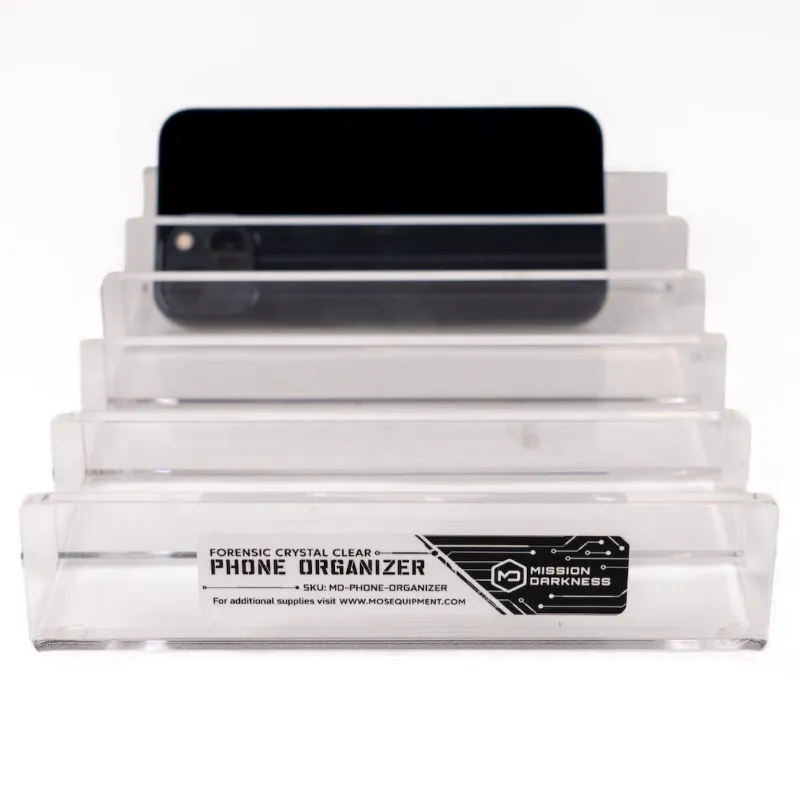 MOS Equipment Mission Darkness Forensic Crystal Clear Phone Organizer clear acrylic stand holding five devices