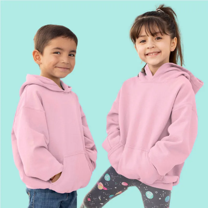 The Banyan Tee US Baby Pink Kids Hoodie, front view on child