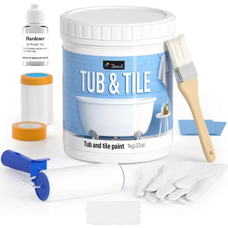 DWIL Paint Water-Based Tub & Tile Refinishing Kit with Tools showing brush, roller, and paint containers