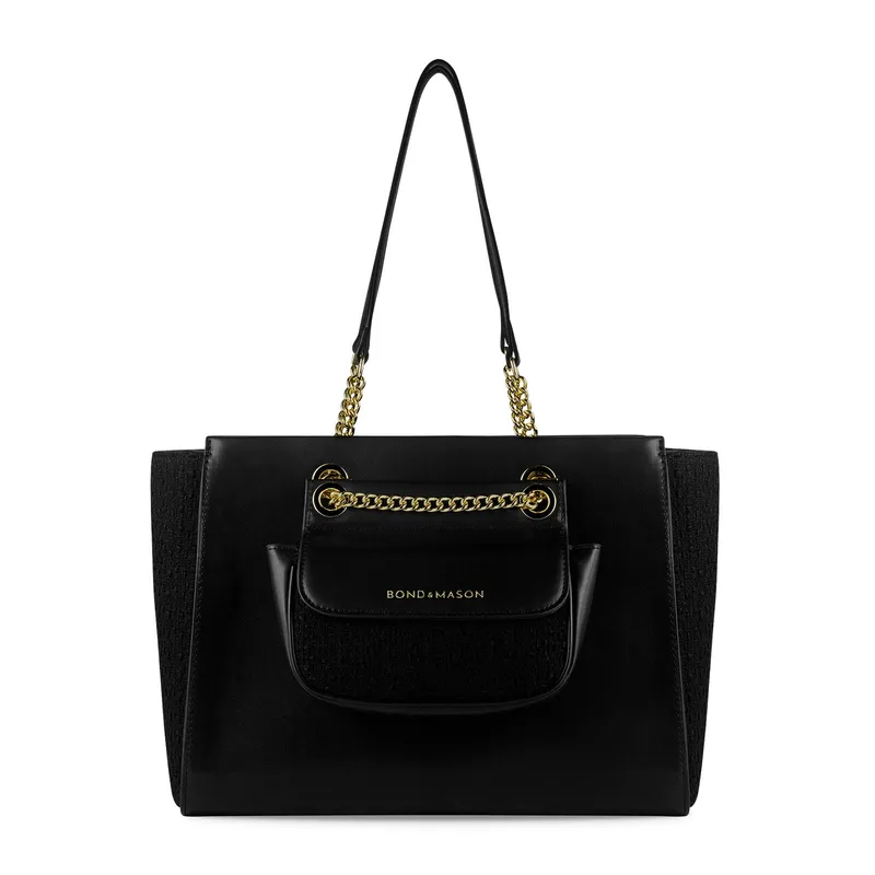Bond & Mason The Margaret Tote Bag (Black) showing large black vegan leather tote bag
