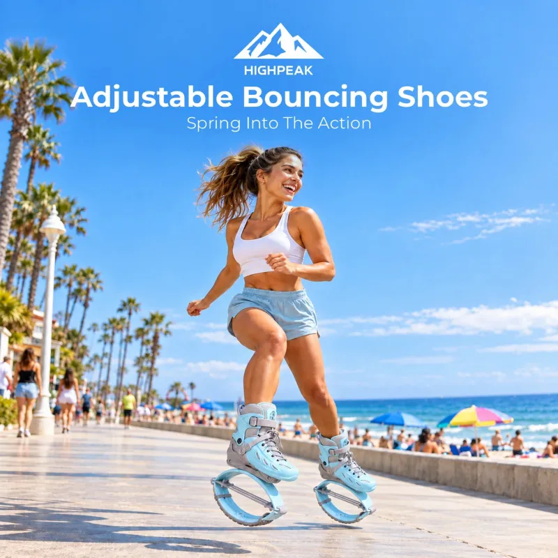 HighPeak Adjustable Bouncing Shoes shown in bright blue with curved rebound platforms and adjustable straps