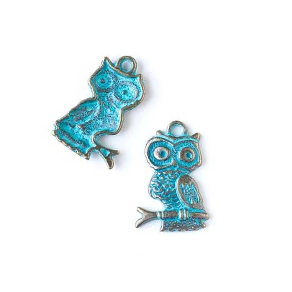 Cherry Tree Beads green bronze owl on a branch charm, a small zinc-based alloy owl perched on a branch with turquoise accents