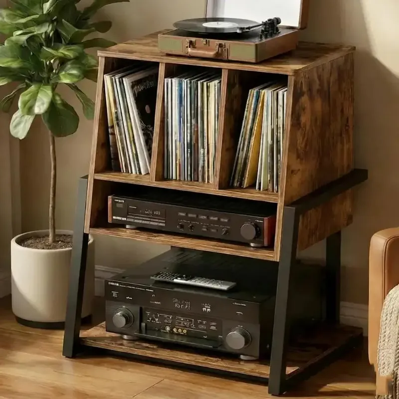Retrolife Record Player Stand with Vinyl Storage Power Outlet & Smart LED for 200+ LPs 21.6 inch W showing three-tier design in Grey Oak