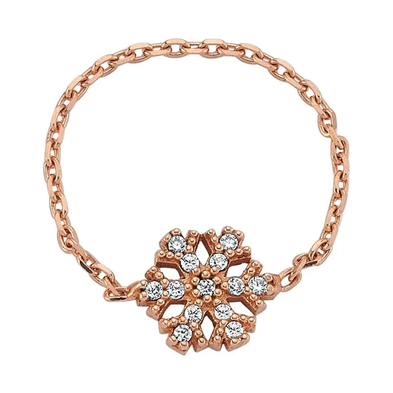 Amorium Jewelry Dainty Snowflake Fashion Chain Silver Ring with Crystals, gold-plated ring with hanging snowflake charm
