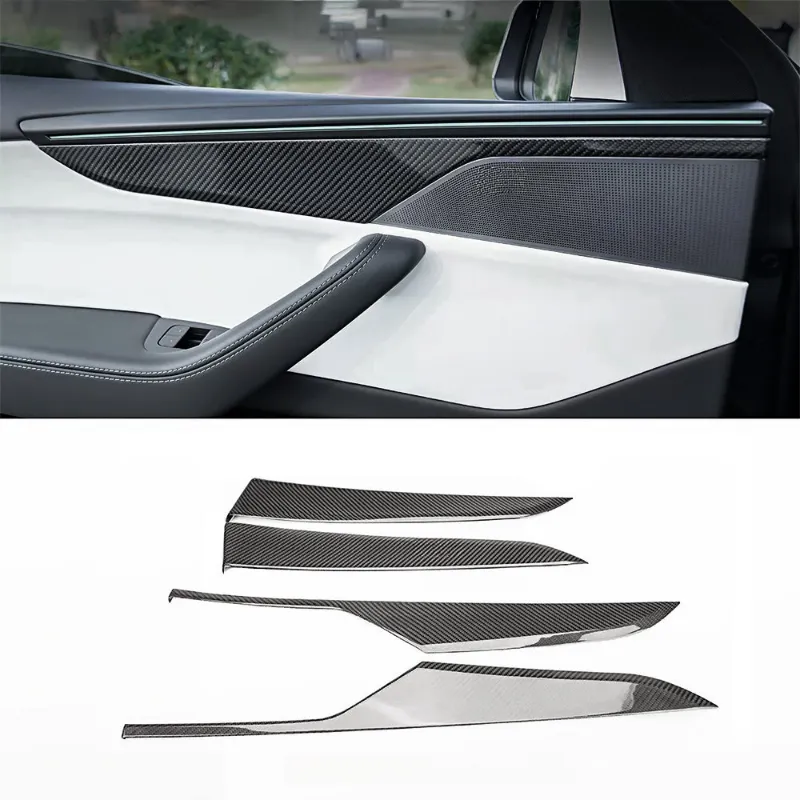 Tesstudio Carbon Fiber Door Panel Trim Covers for Tesla Model Y Juniper showing woven carbon fiber overlay on interior door panel
