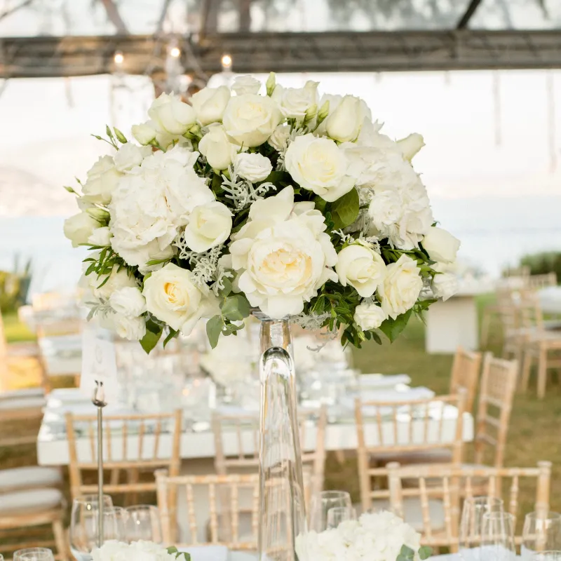 Flower Boom Dallas All White Wedding Centerpiece, elegant white hydrangea arrangement for weddings