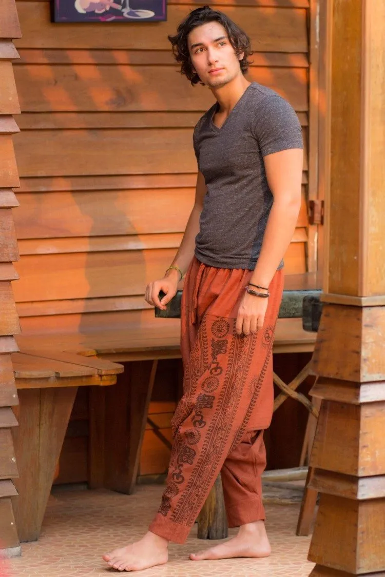 Hippie Pants Brick-Red Om Pants, handmade woven cotton pants with om print