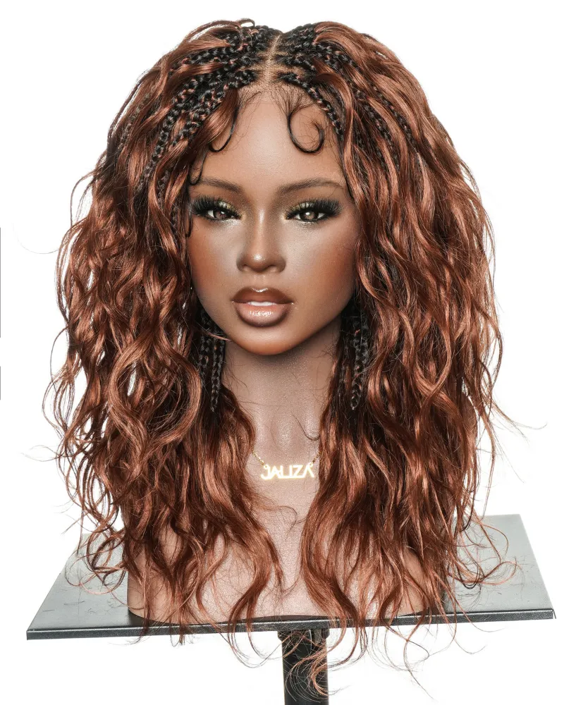 Jaliza Michelle Dark Auburn Brown Color #33 Glueless Human Hair Body Wave Curls Pre Bleached HD Full Lace Knotless Boho Box Braided Wig