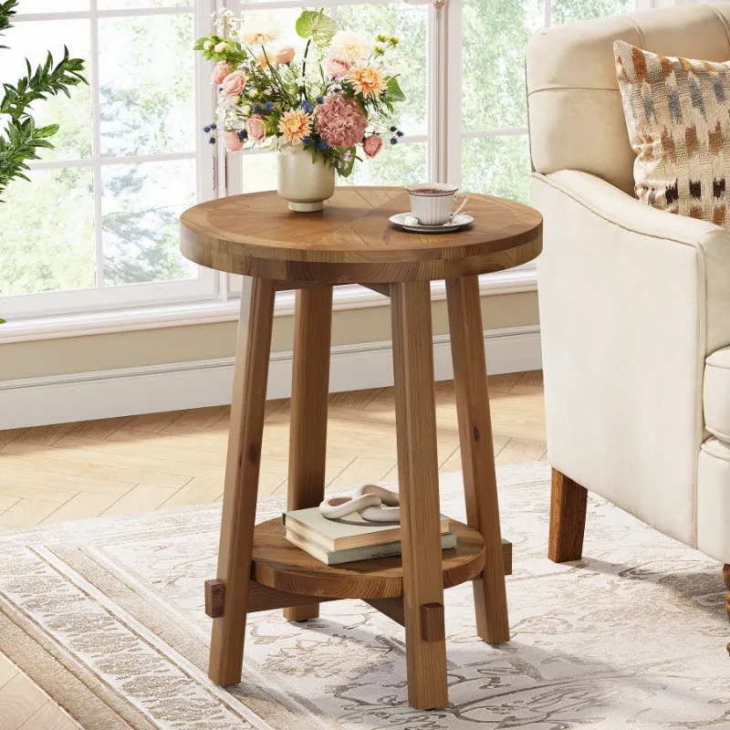 Tribesigns 19.6 inch round end table in solid wood with two-tier storage shelf