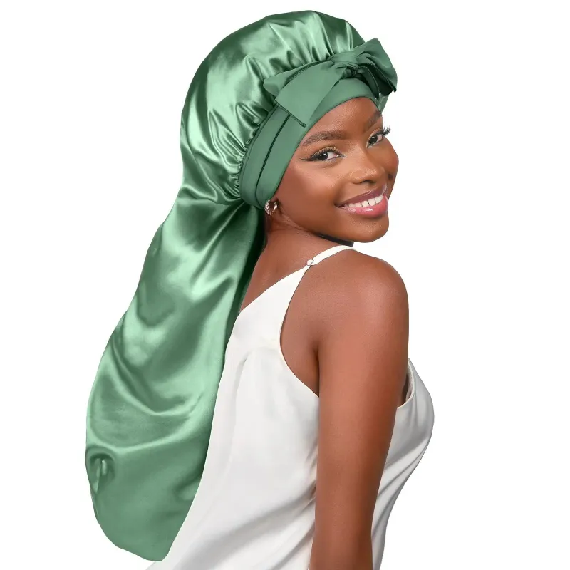 Yanibest Silk Butter Satin Bonnet in sage green with tie band for braids