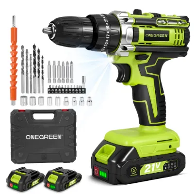 NewBeny cordless 21V hammer drill driver kit with 2 batteries and 34 piece accessory set
